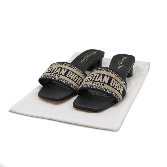 12688 - Christian Dior Dway Heeled Slide Dark Blue Embroidered Cotton Size 37 - Picture 1 of 8